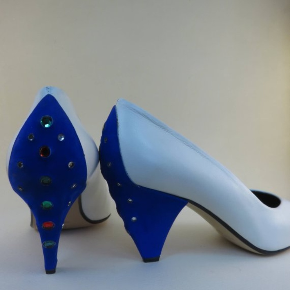 Rhinestone High Heel Blue Velvet, White Leather
